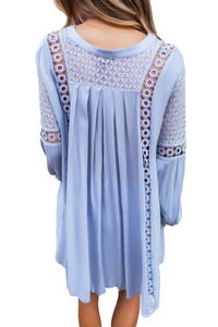 Sexy Blue Crochet Lace Trim Relaxed Long Sleeve Tunic