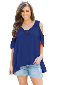 Sexy Blue Crochet Neck and Back Cold Shoulder Top
