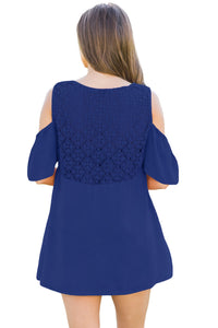 Sexy Blue Crochet Neck and Back Cold Shoulder Top