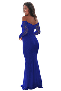 Sexy Blue Crochet Off Shoulder Maxi Evening Party Dress