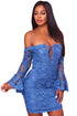 Sexy Blue Crochet Overlay Off The Shoulder Fitted Mini Dress