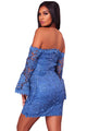 Sexy Blue Crochet Overlay Off The Shoulder Fitted Mini Dress