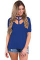 Sexy Blue Cutout Choker Detail Short Sleeve T-shirts