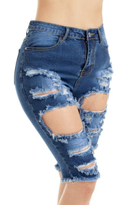 Sexy Blue Destroyed Frayed Hem Pocket Bermuda Denim Shorts