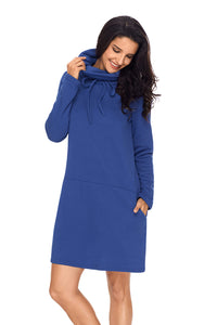 Sexy Blue Drawstring Cowl Neck Sweatshirt Dress