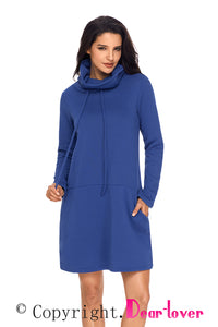 Sexy Blue Drawstring Cowl Neck Sweatshirt Dress