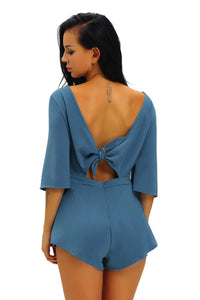Sexy Blue Drawstring Knot Open Back Romper