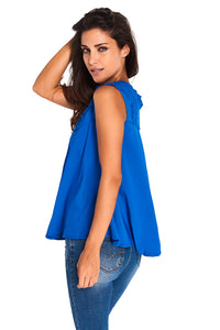 Sexy Blue Embroidered Applique V Neck Blouse Top