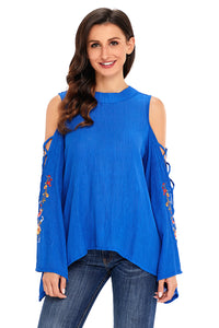 Sexy Blue Embroidered Crisscross Bell Sleeve Blouse