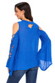 Sexy Blue Embroidered Crisscross Bell Sleeve Blouse