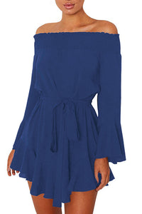 Sexy Blue Flare Sleeve Drop Hem Pleated Off Shoulder Dress