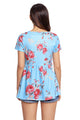 Sexy Blue Floral Grommet Lace Up V Neck Loose Shirt