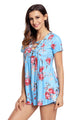 Sexy Blue Floral Grommet Lace Up V Neck Loose Shirt