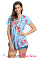 Sexy Blue Floral Grommet Lace Up V Neck Loose Shirt