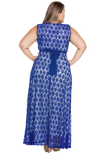 Sexy Blue Flowery Lace Overlay Belted Curvy Maxi Dress