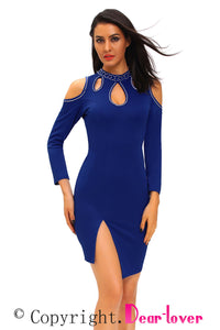 Sexy Blue Funky Studded Cutout Cold Shoulder Dress