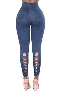 Sexy Blue High Waist Lace up Jeans