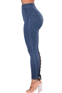 Sexy Blue High Waist Lace up Jeans