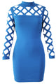 Sexy Blue Hollow-out Long Sleeve Mock Neck Bodycon Dress