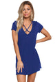 Sexy Blue Jersey Knit Cross Strap Tunic Top Short Dress