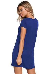 Sexy Blue Jersey Knit Cross Strap Tunic Top Short Dress