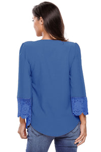 Sexy Blue Lace Detail Button Up Sleeved Blouse