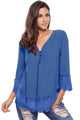Sexy Blue Lace Detail Button Up Sleeved Blouse
