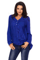 Sexy Blue Lace Panel Split Neck Roll Tab Sleeve Blouse