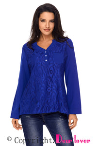 Sexy Blue Lace Panel Split Neck Roll Tab Sleeve Blouse