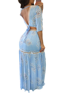 Sexy Blue Lace Trim Half Sleeve Floral Print Skirt Set