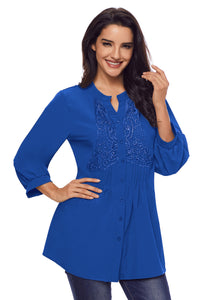 Sexy Blue Lace and Pleated Detail Button up Blouse
