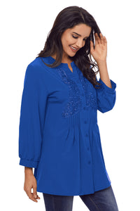 Sexy Blue Lace and Pleated Detail Button up Blouse