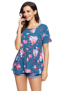 Sexy Blue Lace-up Back Floral Ruffle Top