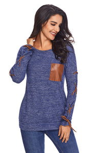 Sexy Blue Lace up Sleeve Front Pocket Women's Casual Top