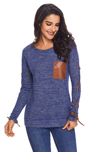 Sexy Blue Lace up Sleeve Front Pocket Women's Casual Top