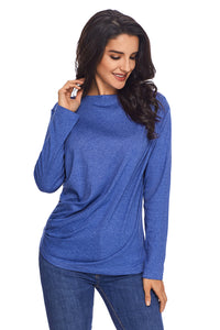 Sexy Blue Long Sleeve Draped Round Neck T Shirt