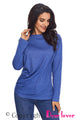 Sexy Blue Long Sleeve Draped Round Neck T Shirt