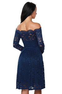 Sexy Blue Long Sleeve Floral Lace Boat Neck Cocktail Swing Dress