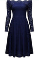 Sexy Blue Long Sleeve Floral Lace Boat Neck Cocktail Swing Dress