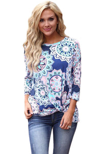 Sexy Blue Long Sleeve Knotted Boho Print Blouse