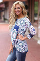 Sexy Blue Long Sleeve Knotted Boho Print Blouse