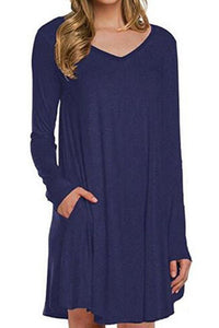 Sexy Blue Long Sleeve Pocket Casual Loose T-shirt Dress