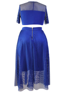 Sexy Blue Mesh Joint Plus Crop Top Skirt Set