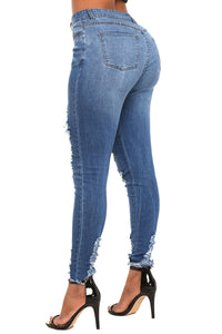 Sexy Blue Mid-Rise Skinny Distressed Denim Jeans
