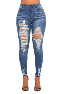 Sexy Blue Mid-Rise Skinny Distressed Denim Jeans