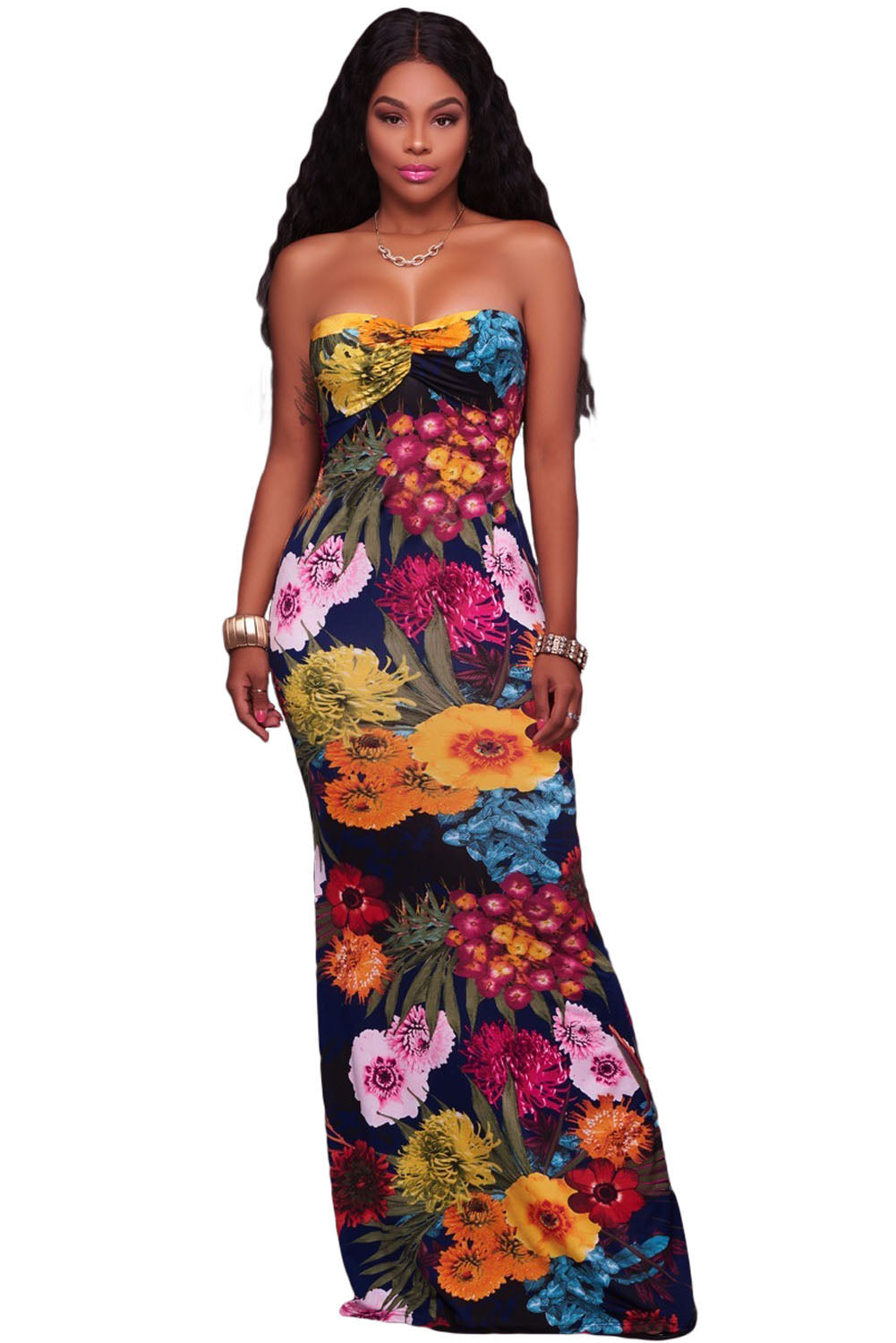 Sexy Blue Multi color Floral Print Keyhole Back Maxi Dress SEXY