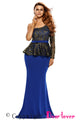Sexy Blue One Shoulder Gold Floral Lace Peplum Top Long Skirt Formal Dress