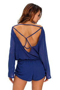 Sexy Blue Oversize Bodice Long Sleeve Hollow-out Back Romper