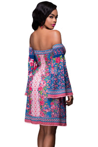 Sexy Blue Pink Floral Print Off-shoulder Boho Dress