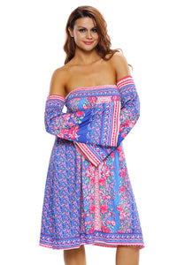 Sexy Blue Pink Floral Print Off-shoulder Boho Dress